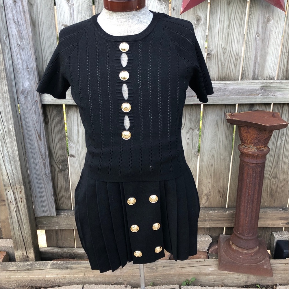 2 Pc Black Knit Skirt Set with Gold Buttons